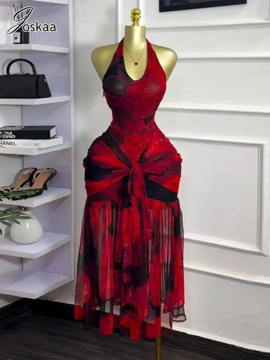 Women's Mesh Ruched Backless Halter Maxi Dress – Women's Fashion Wholesale – Front View