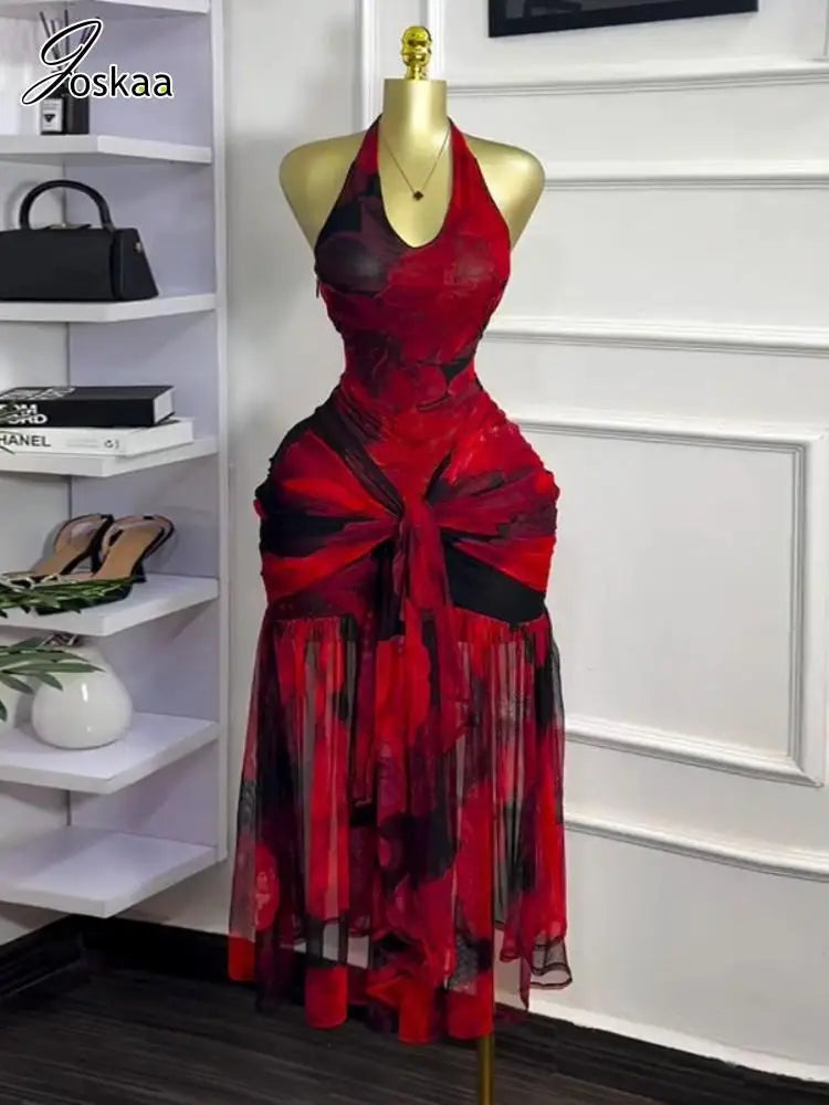 Women's Mesh Ruched Backless Halter Maxi Dress – Women's Fashion Wholesale – Front View