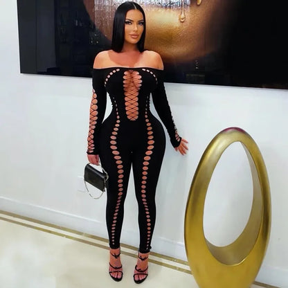 Women's Cutout Long Sleeve Bodycon Romper Black – Detail View