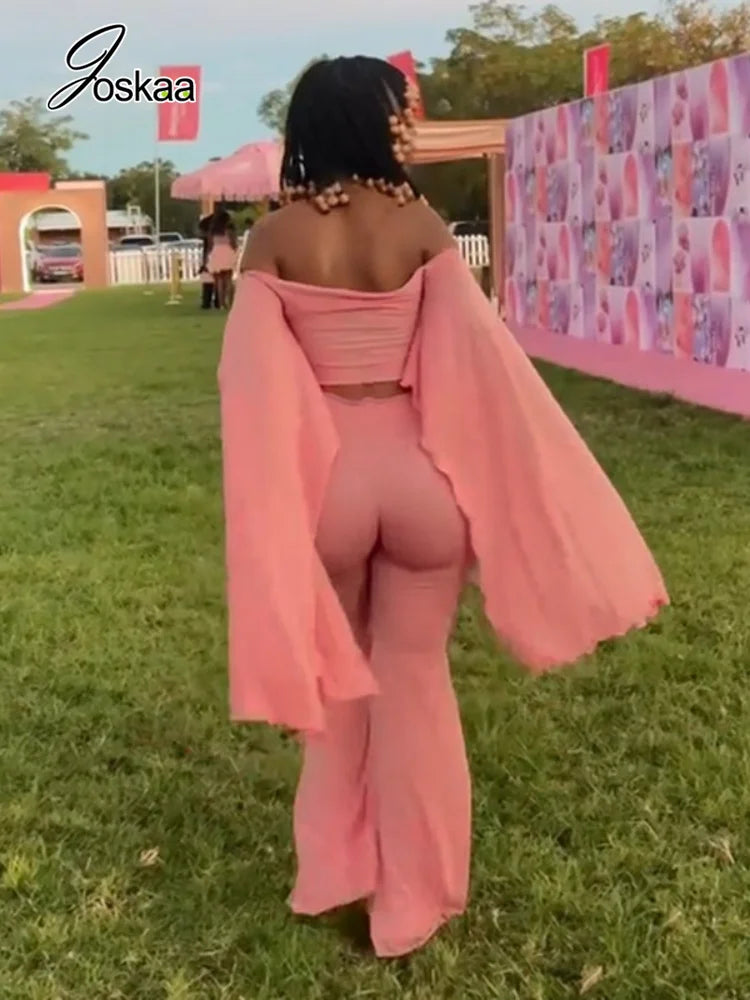 Women's Ruched Long Sleeve High Waist Wide Leg Two Piece Set - Side View