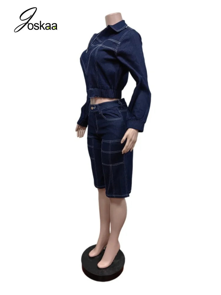 Women's Denim Print Zip Up Long Sleeve Two Piece Set - Back View