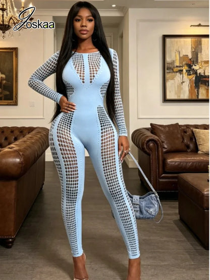 Women's Cutout Long Sleeve Bodycon Romper Sky Blue – Detail View