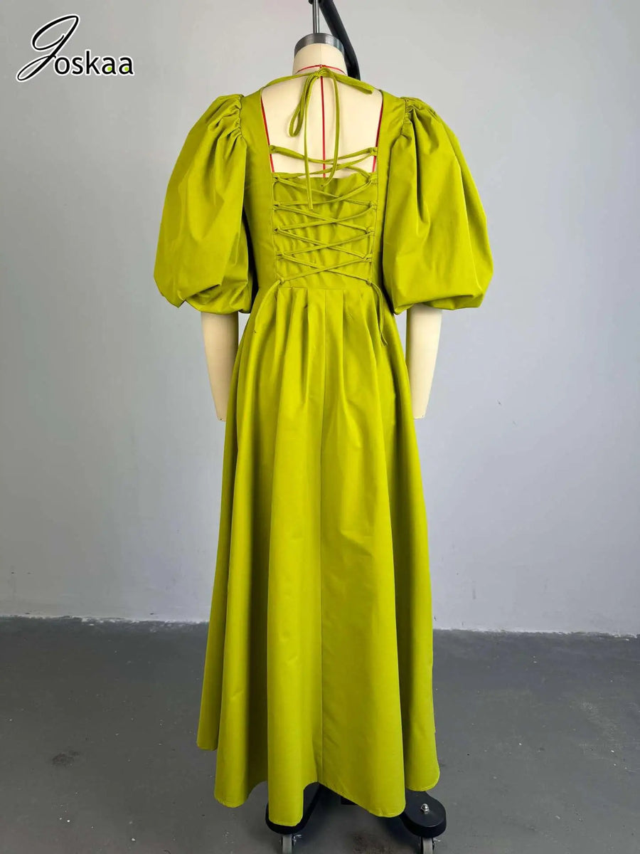 Women's Backless Square Neck Puff Maxi Dress Fruit Green – Detail View