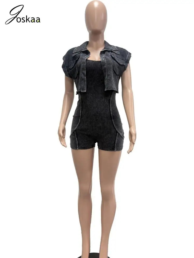 Women's Short Sleeve Sporty Lapel Shirt Two Piece Set Black – Detail View