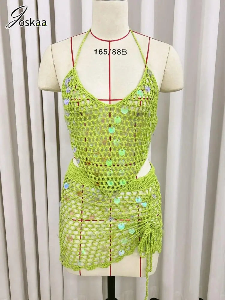 Women's Sequin Knit Backless Halter Bikini Set Green – Detail View