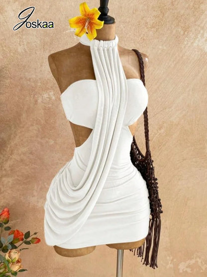 Joskaa Sexy Backless Irregular Halter Neck Mini Dress Women Asymmetrical Hem Bandage Wrap Design Slim Fit Dresses Party Clubwear