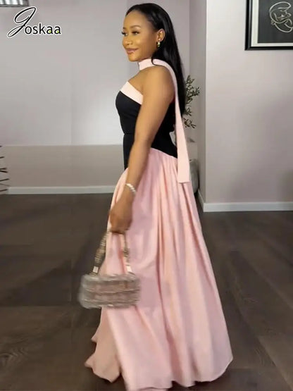 Women's Halter High Waist Bodycon Maxi Dress Pink And Black – Front View