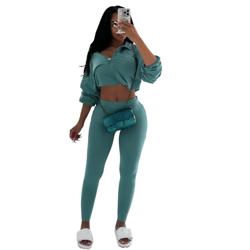 Joskaa Zip Up Long Sleeve Crop Two Piece Set - two piece set image 11