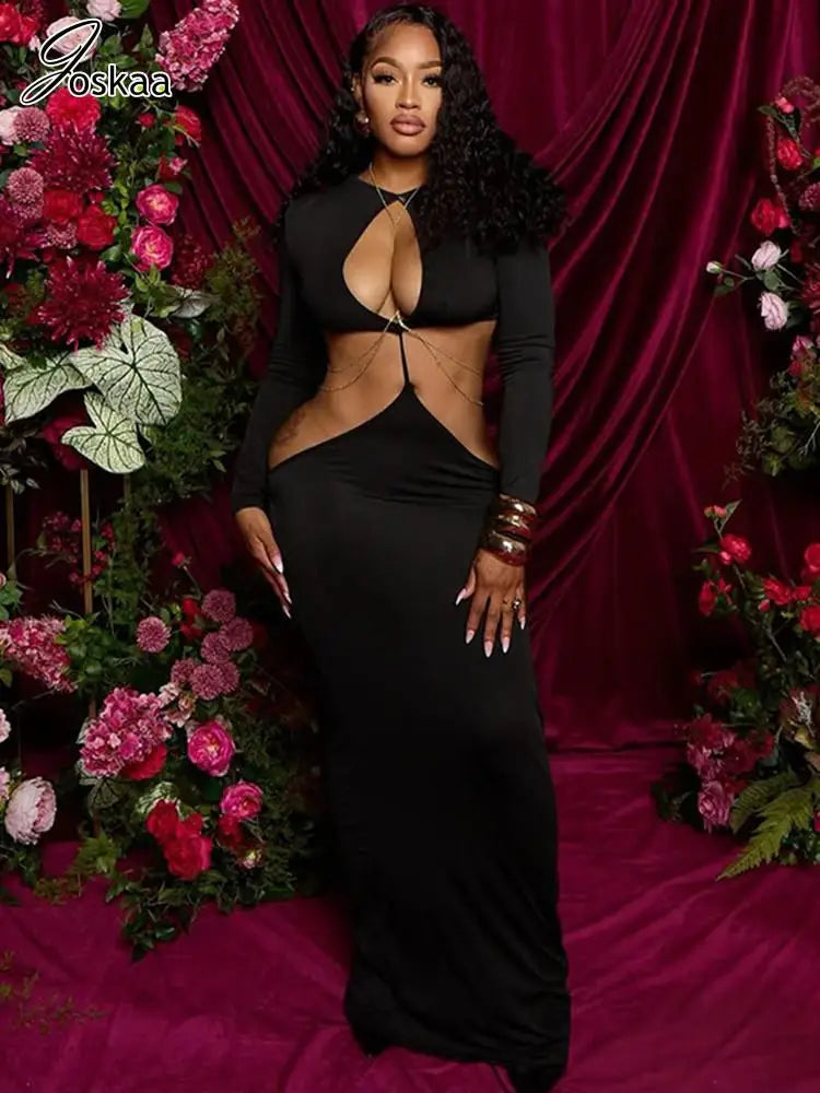 Women's Backless Cutout Long Sleeve Maxi Dress Black – Front View
