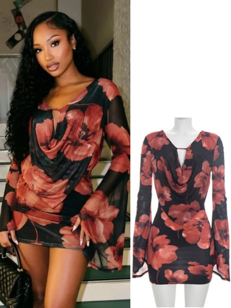 Women's Floral Print Mesh Bodycon Wide Leg Mini Dress - Additional View 8