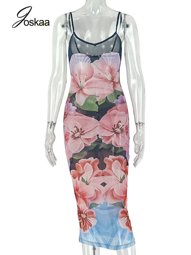 Women's Floral Print Mesh Sleeveless Maxi Dress Mixed – Back View