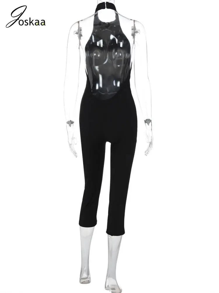 Women's Knit Backless Halter Bodycon Romper Black – Detail View