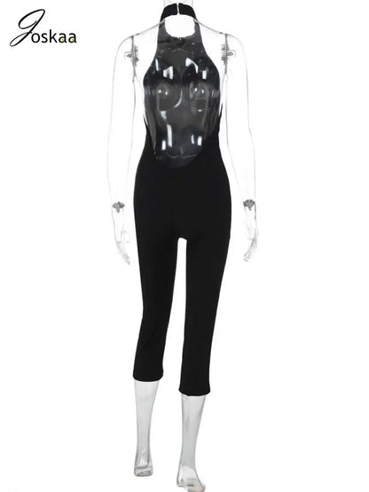 Women's Knit Backless Halter Bodycon Romper Black – Detail View