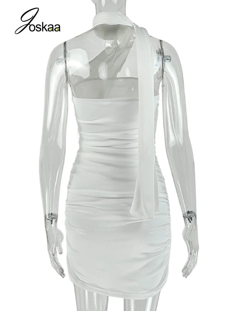 Women's Backless Halter Sleeveless Mini Dress White – Detail View