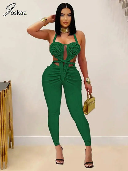 Women's Knit Ruched Backless Cutout Romper Orange – Front View