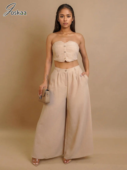 Women's Strapless Flare Wide Leg Two Piece Set Black – Front View