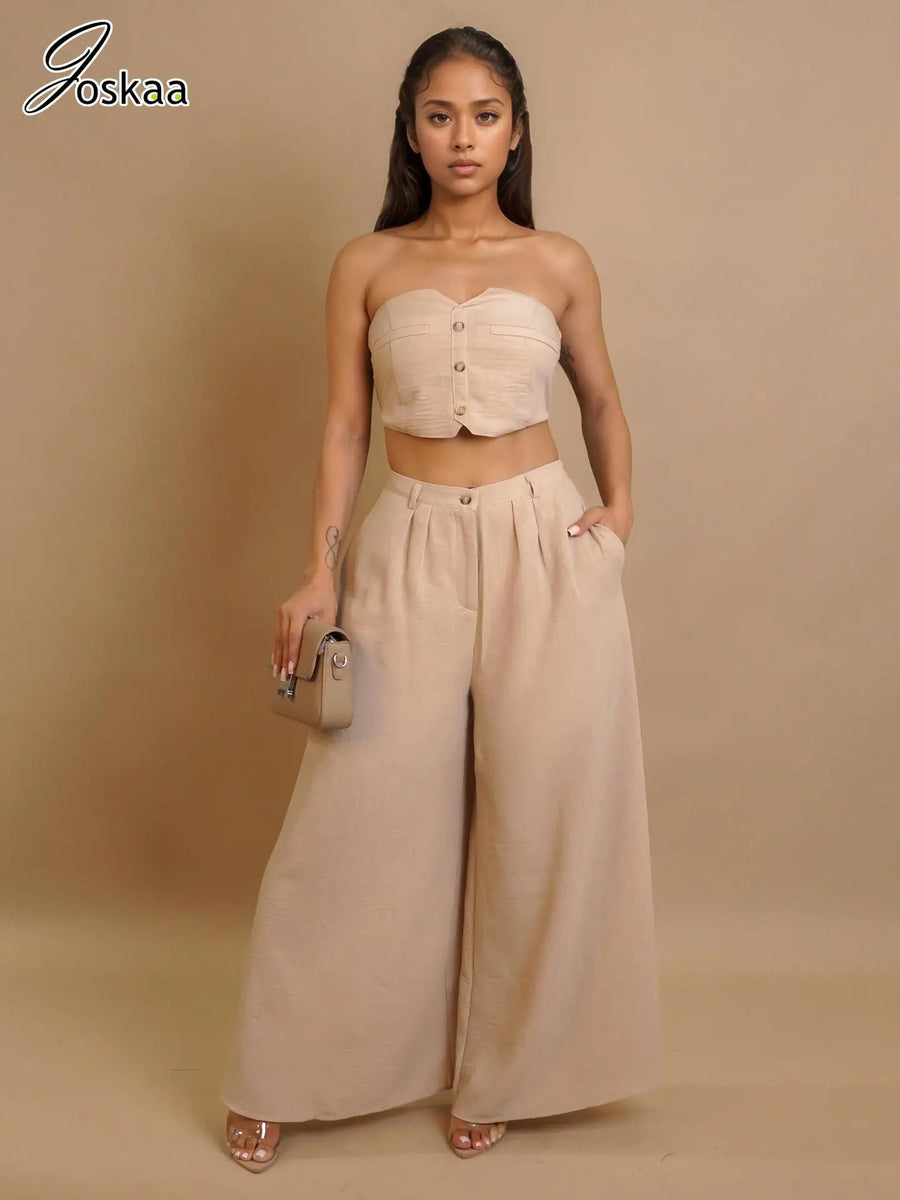 Women's Strapless Flare Wide Leg Two Piece Set Black – Front View