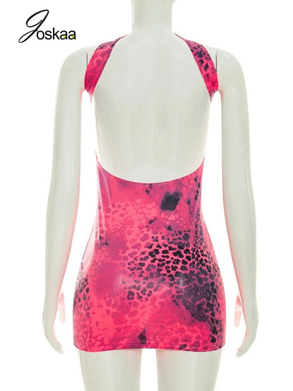 Women's Leopard Print Backless Halter Mini Dress Rose Red – Detail View