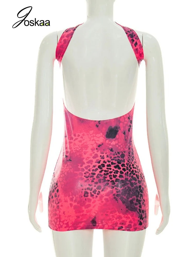 Women's Leopard Print Backless Halter Mini Dress Rose Red – Detail View