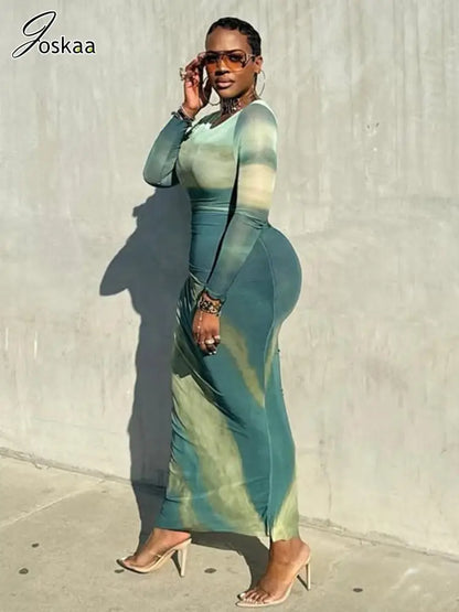 Women's Long Sleeve Bodycon Pleated Maxi Dress Blue Green – Side View
