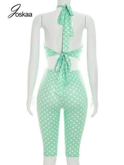 Women's Polka Dot Backless Halter High Waist Two Piece Set - Detail View