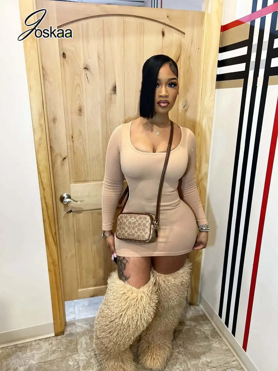 Women's Long Sleeve High Waist Bodycon Dress Brown – Side View