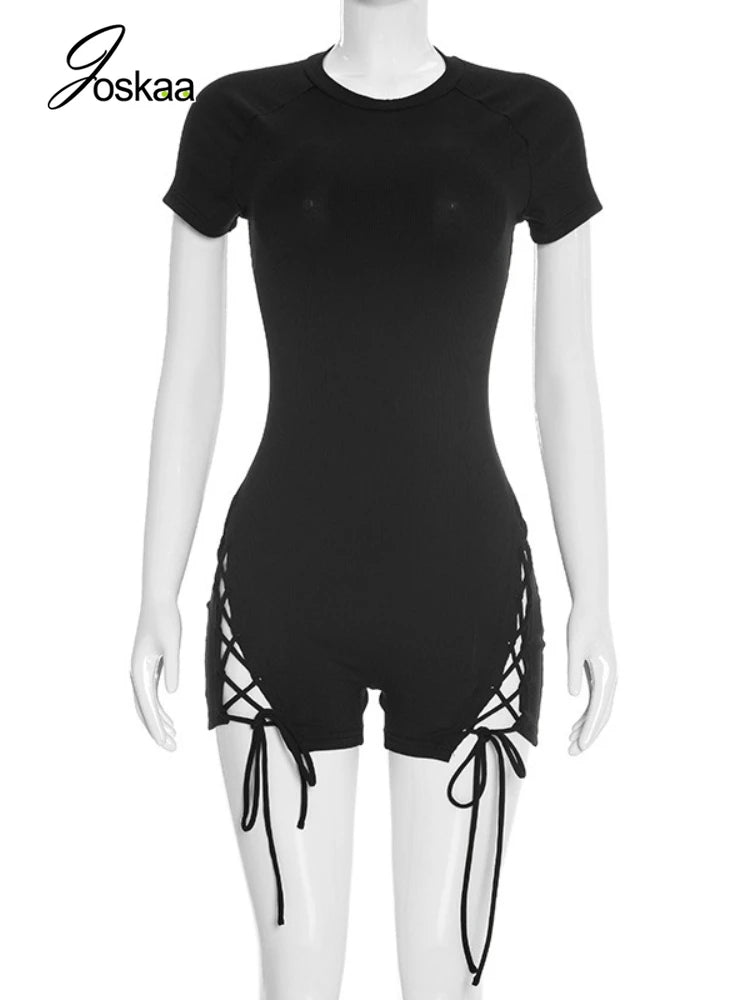 Women's Knit Short Sleeve Bodycon Romper Black – Back View