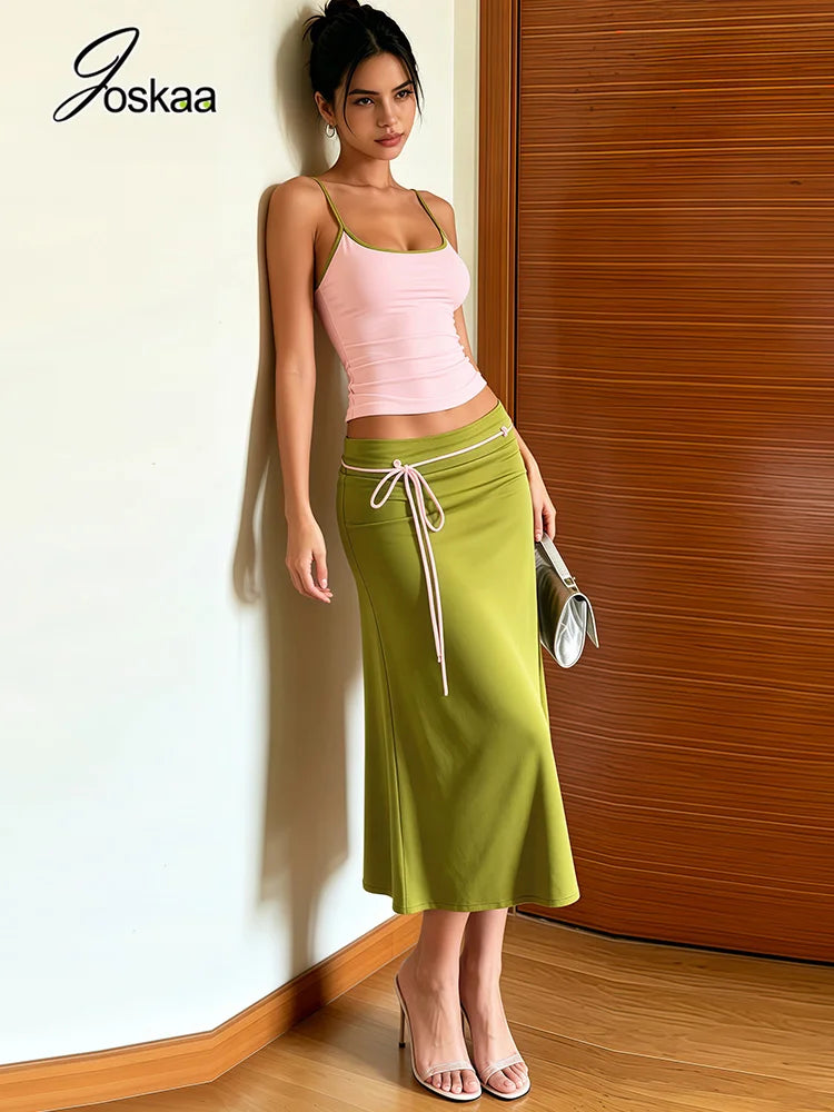 Women's Lace Backless Color Blocking Low-neck Two Piece Set Green – Front View
