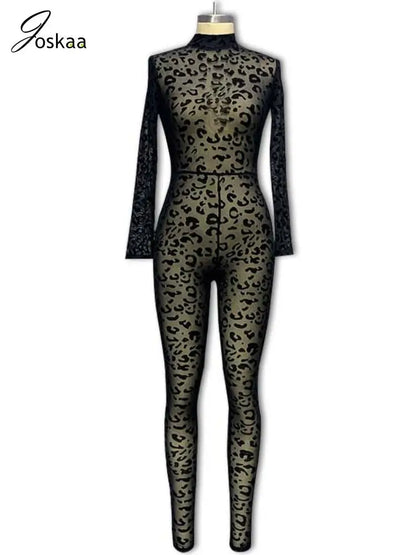 Women's Mesh Long Sleeve Bodycon Jumpsuit Romper Black – Back View