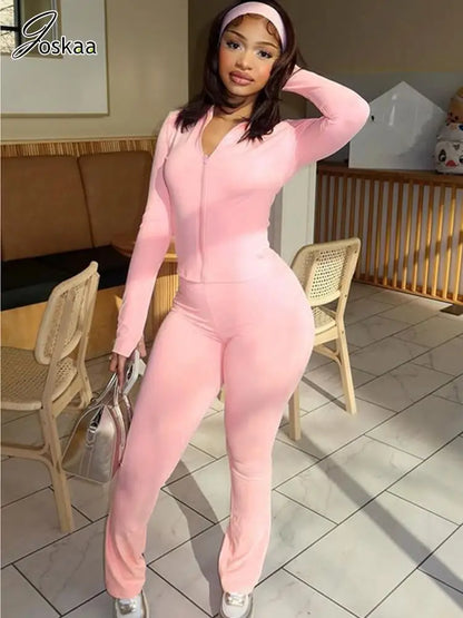 Women's Long Sleeve Flare Zip Two Piece Set Pink – Side View