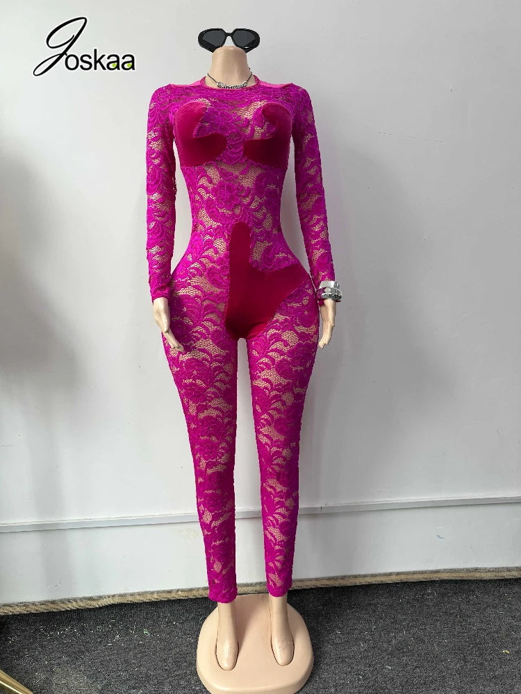 Women's Floral Print Lace Mesh Velvet Romper Purple – Front View