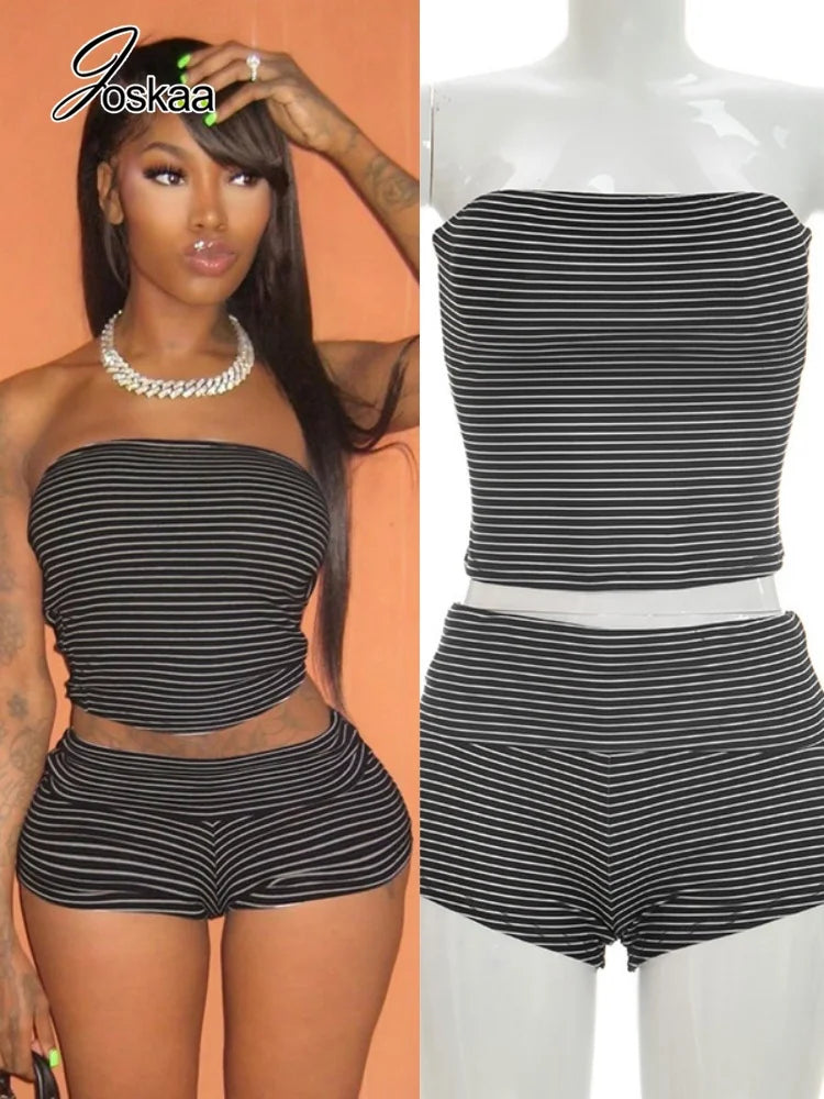 Women's Stripe Strapless Crop Two Piece Set – Women's Fashion Wholesale – Front View