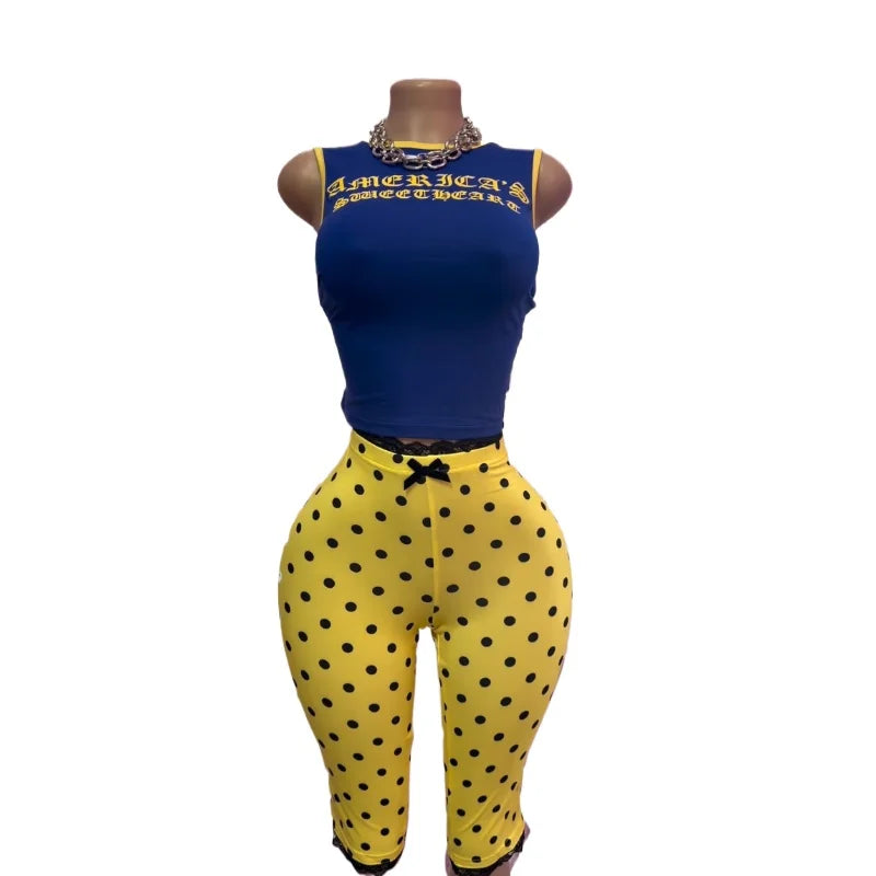 Women's Polka Dot Printed Sweet Two Piece Set Yellow Shorts – Detail View