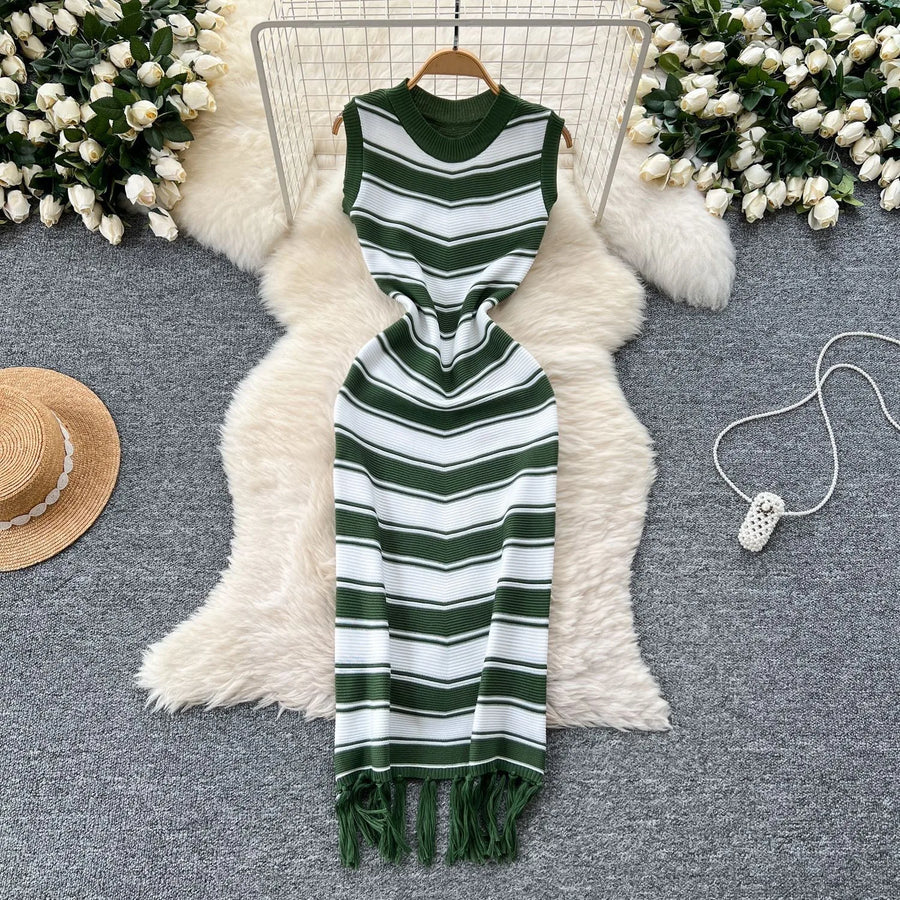 Women's Stripe Knit Sleeveless Bodycon Dress