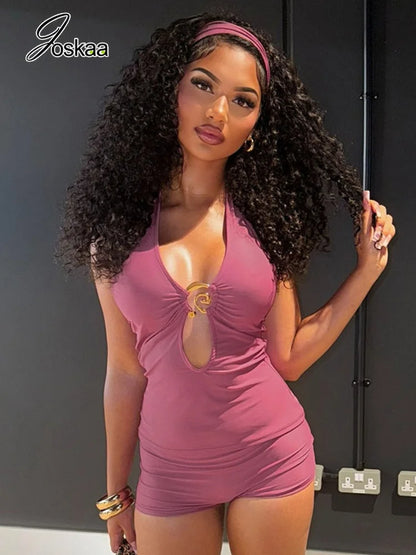 Women's Lace Backless Cutout Two Piece Set Pink – Front View