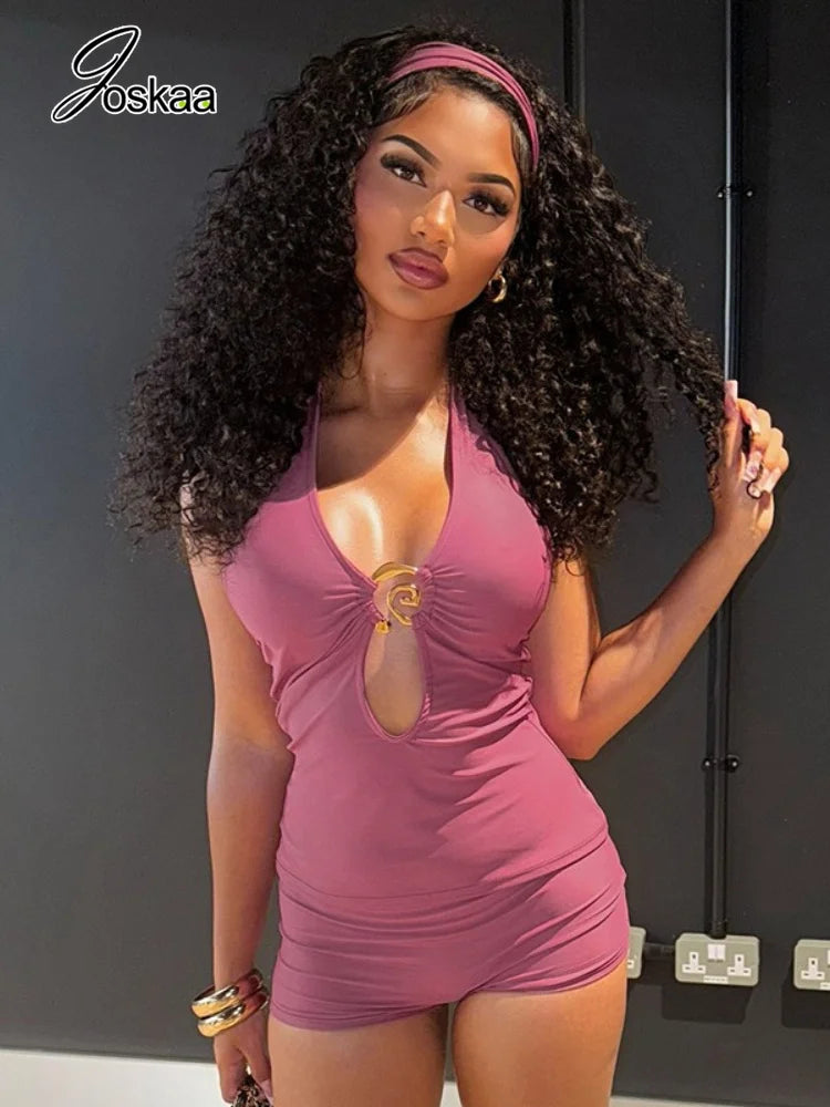 Women's Lace Backless Cutout Two Piece Set Pink – Front View
