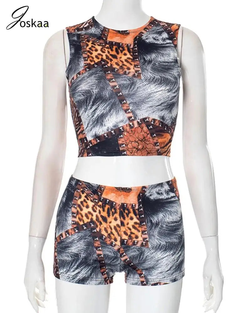 Women's Leopard Print Crop Two Piece Set Brown – Back View