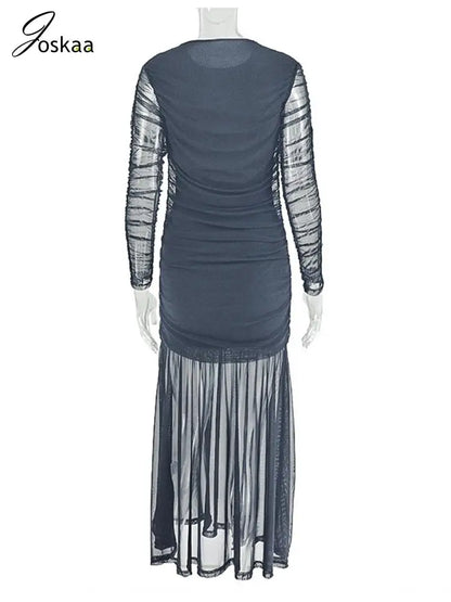 Women's Mesh Long Sleeve Bodycon Maxi Dress Black – Detail View