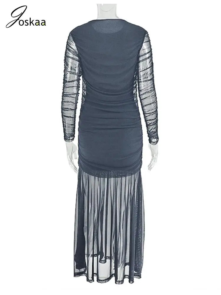 Women's Mesh Long Sleeve Bodycon Maxi Dress Black – Detail View