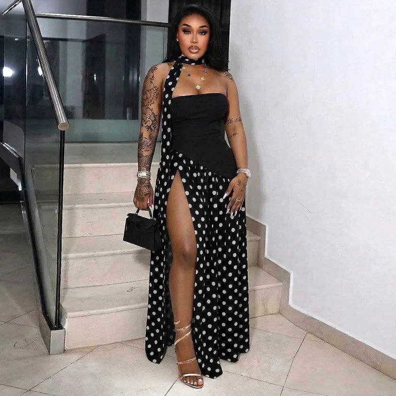 Women's Polka Dot Strapless Bodycon Two Piece Set