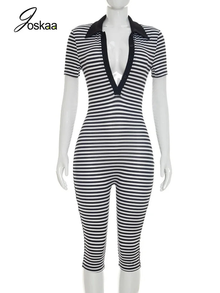 Women's Stripe Short Sleeve Crop Bodycon Romper Red – Back View
