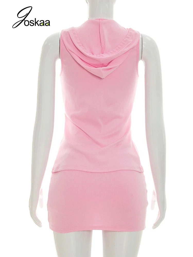 Women's Sleeveless Mini Zip Hooded Two Piece Set Pink – Detail View