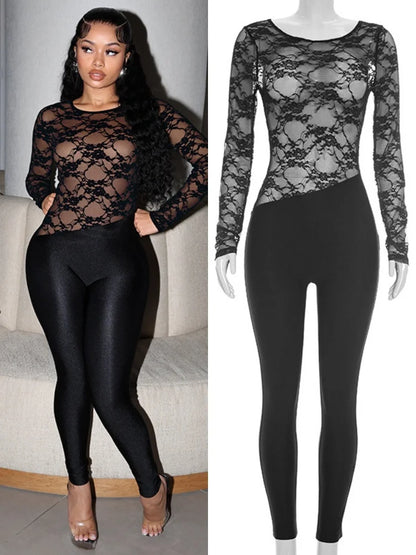 Women's Mesh Lace Backless Long Sleeve Romper - Additional View 8
