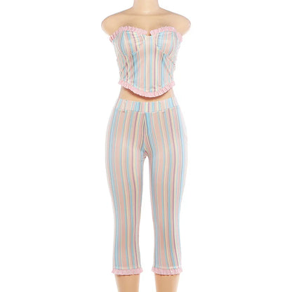 Women's Striped Strapless One Shoulder High Waist Two Piece Set - Additional View 9