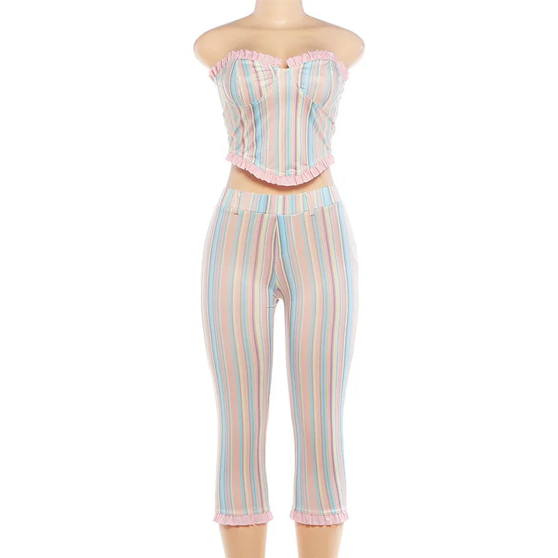 Women's Striped Strapless One Shoulder High Waist Two Piece Set - Additional View 9