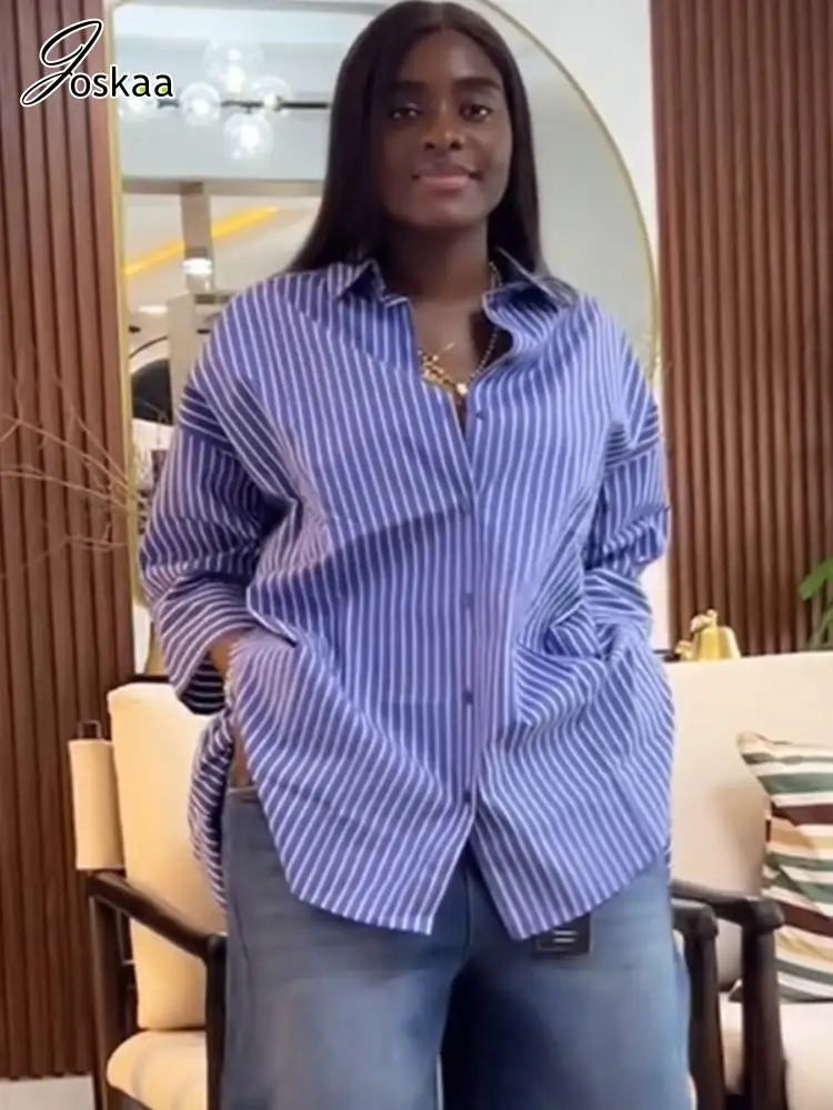 Women's Stripe Long Sleeve Blue Striped Shirt Top Blue – Side View