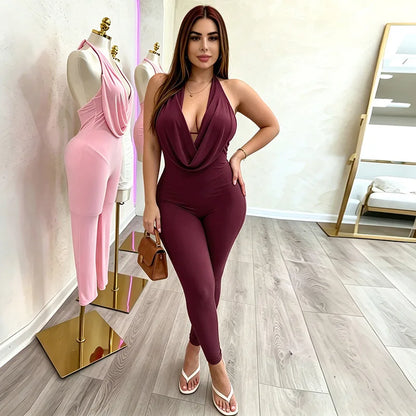 Women's Backless Halter Bodycon Jumpsuit Romper