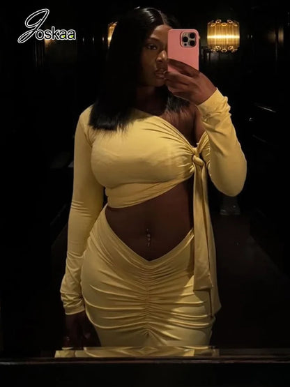Women's Ruched Long Sleeve Maxi Two Piece Set Yellow – Side View