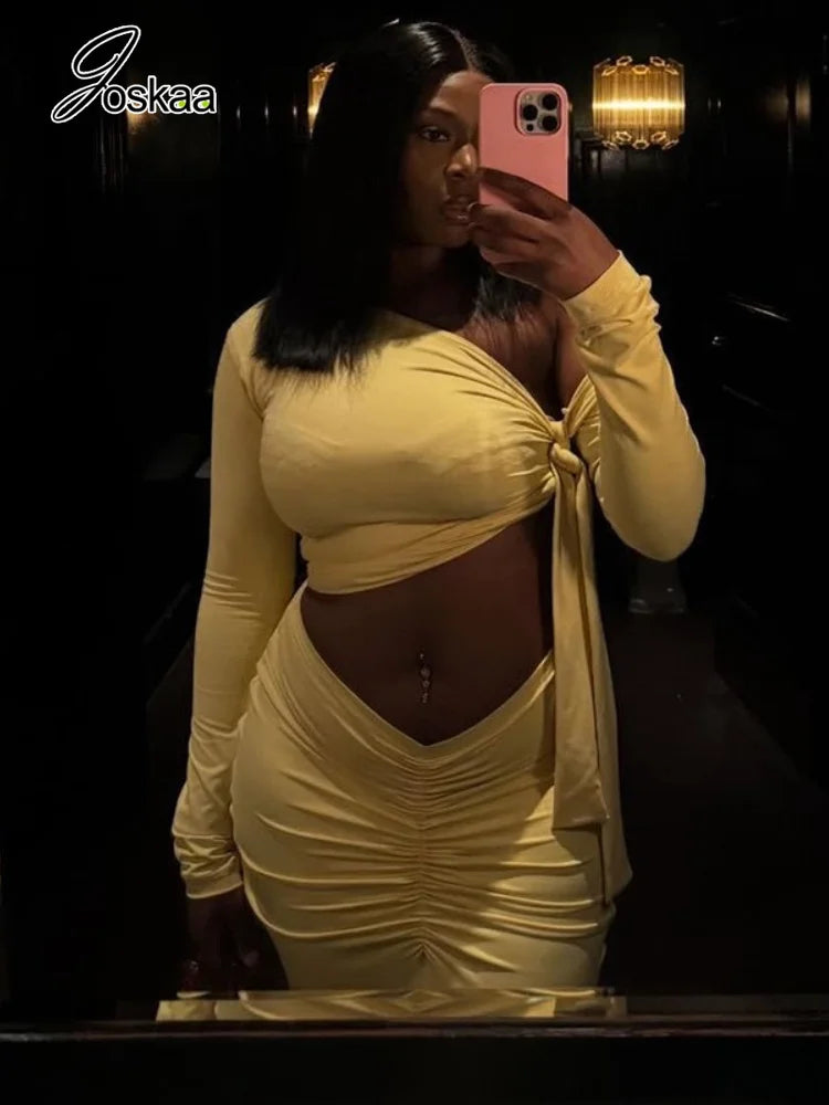 Women's Ruched Long Sleeve Maxi Two Piece Set Yellow – Side View