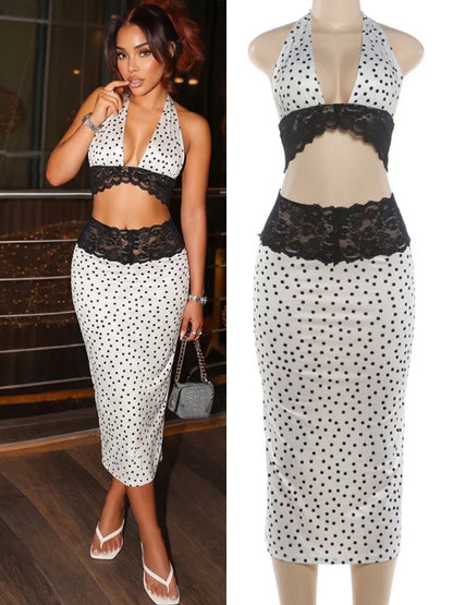 Women's Polka Dot Lace V-neck Halter Two Piece Set - Additional View 8